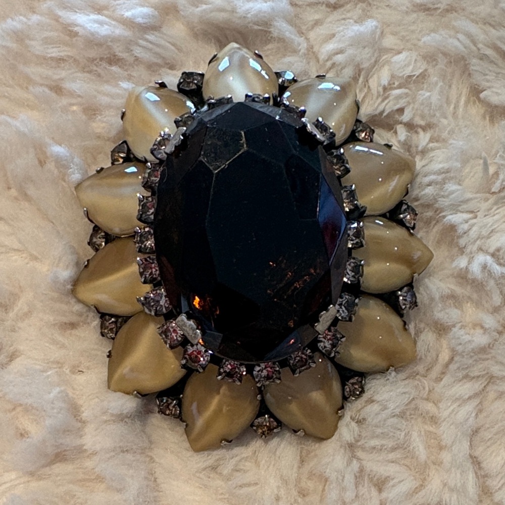 Statement Brooch with Large Oval Smoky To Faceted Center and Taupe Petal Accents